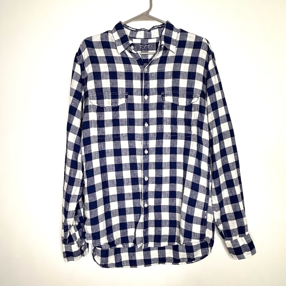 J. Crew Baird McNutt Irish Linen Shirt Sz M Buffalo Plaid Beach Coastal Resort